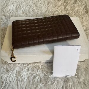 Celine Large Zipped Wallet w/ C Charm Calfskin Leather Quilted Dark Brown